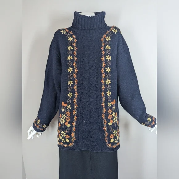Women's cable knit wool turtle neck embroidered flowers Point Zero 90s M - Picture 2 of 12